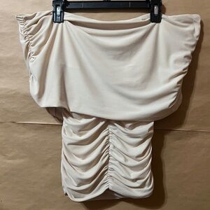 Pixie Market | Riva Ruched Off The Shoulder Top Crepe Jersey Beige Size M